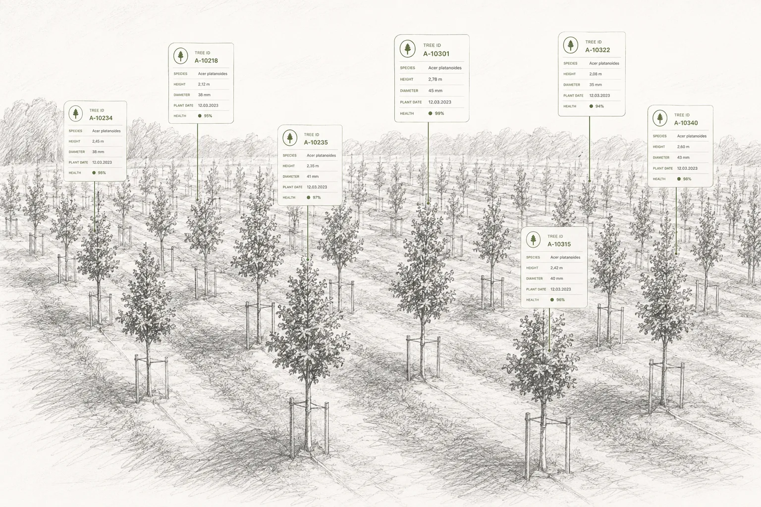 Zeichnung einer Baumschulfläche, in der einzelne Bäume mit ihrem Datenblatt – Baum-ID, Art, Höhe, Durchmesser, Pflanzdatum und Vitalität – ausgezeichnet sind.